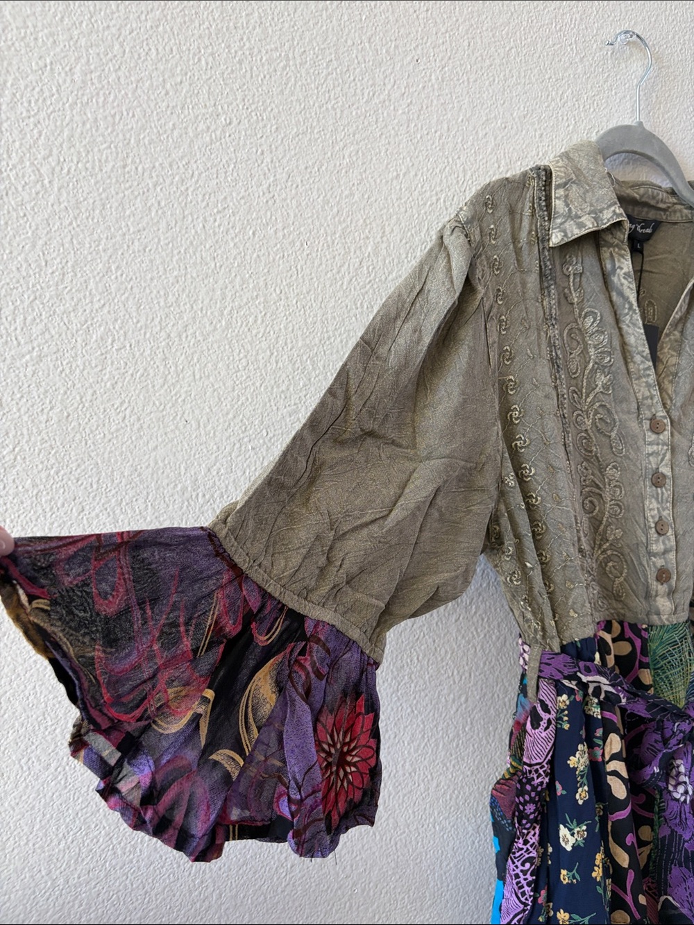 Boho Patchwork Long Sleeve Dress in Olive & Purple - Picture 5 of 11